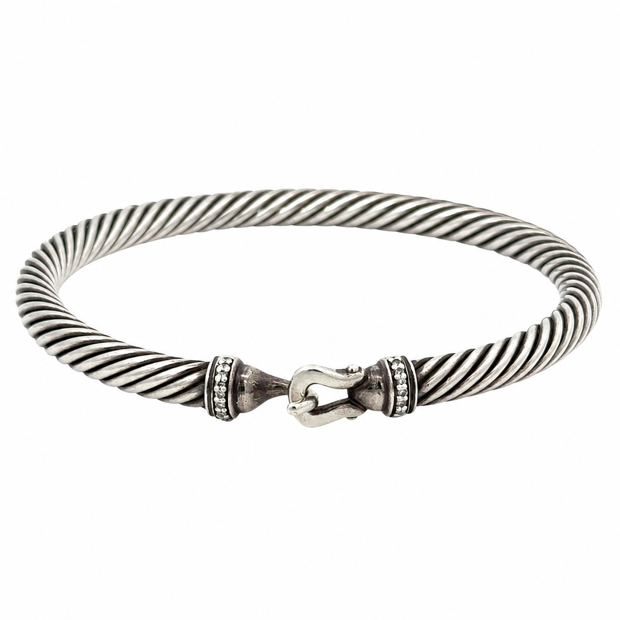 David Yurman Diamond Buckle Classic Cable Bracelet Sterling Silver 7” 5mm