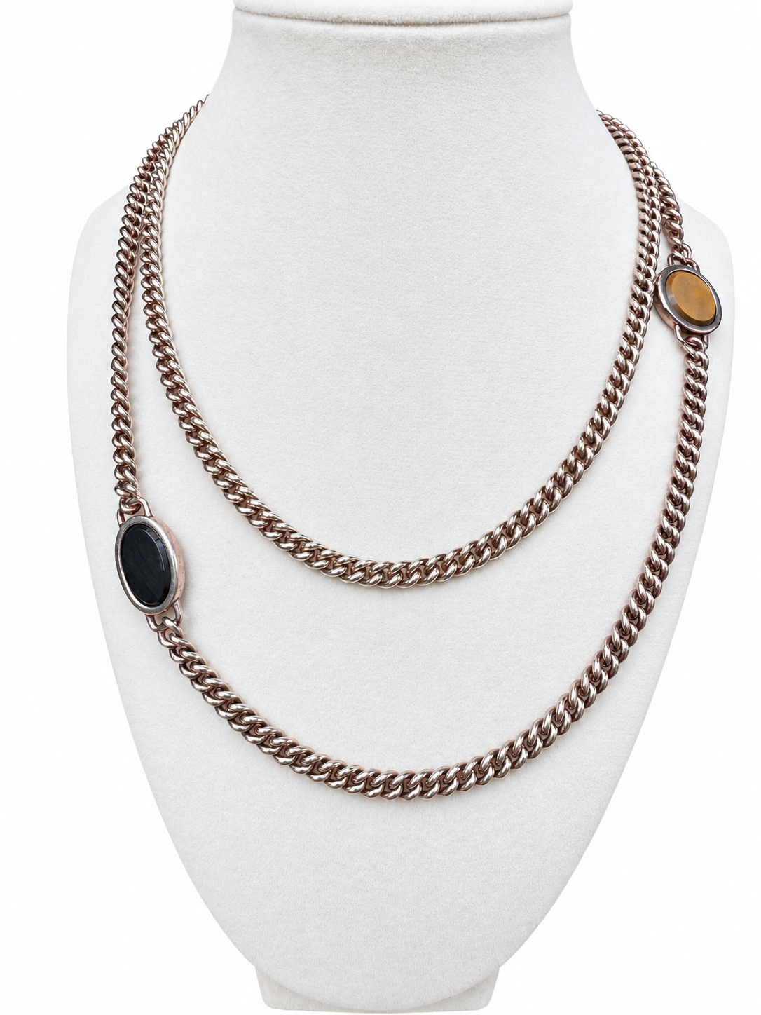 Vintage Hermès Silver Tiger’s Eye & Onyx 38” Sautoir Necklace with Original Box