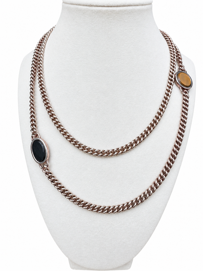Vintage Hermès Silver Tiger’s Eye & Onyx 38” Sautoir Necklace with Original Box
