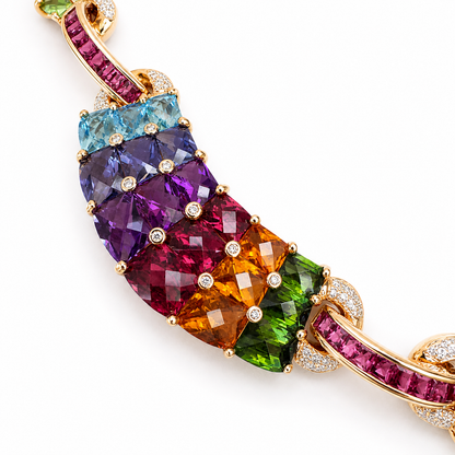 Luxury 18K Gold Rainbow Gemstone Necklace with Diamonds – 70CT Natural Stones, 16”