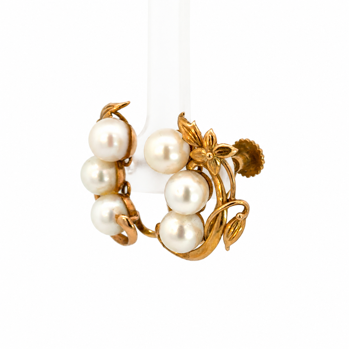 Vintage 14K Yellow Gold Six-Pearl Floral Vine Earrings