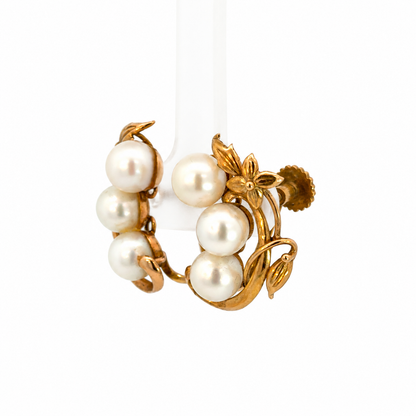 Vintage 14K Yellow Gold Six-Pearl Floral Vine Earrings