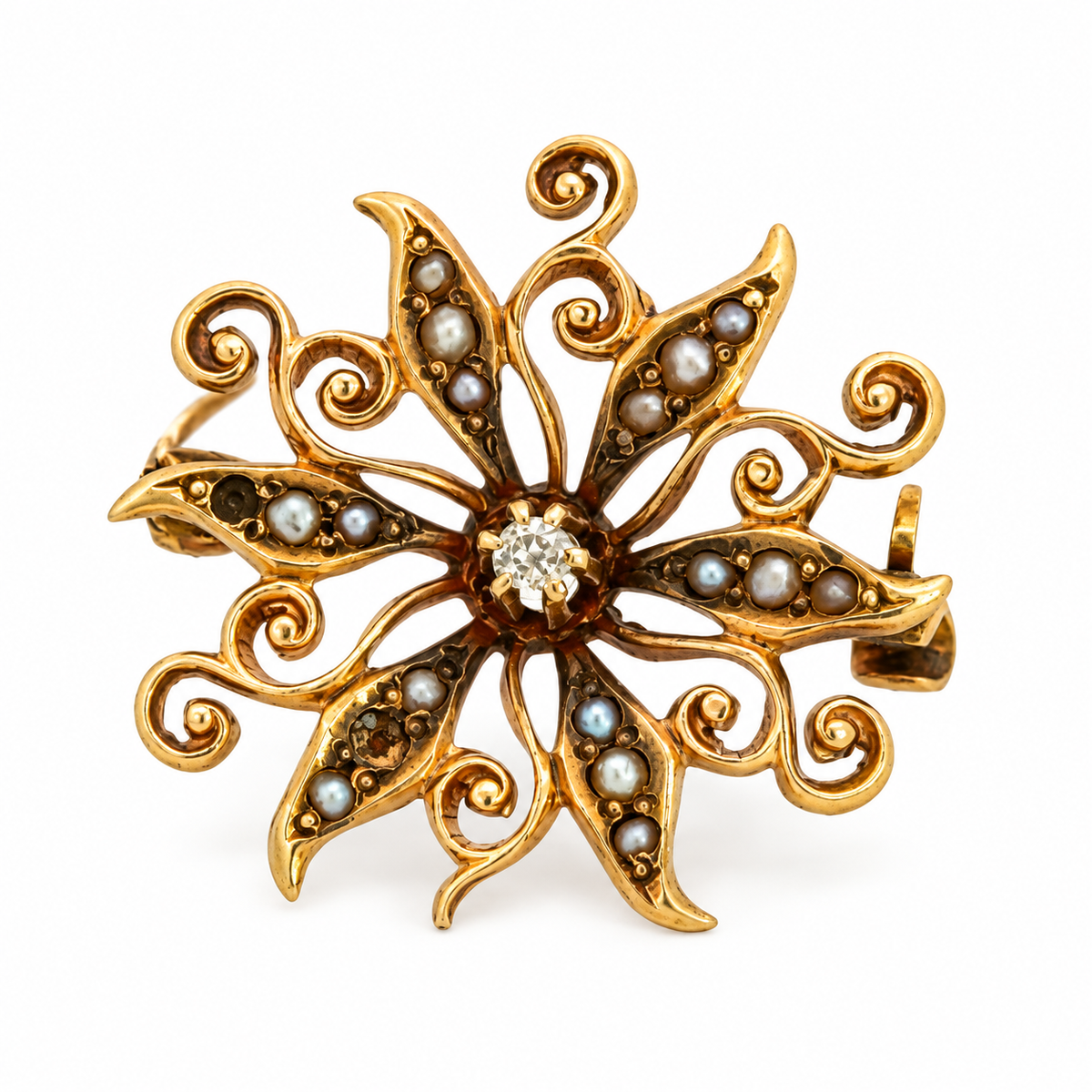 Vintage Gray Seed Pearl & Diamond Gold Scroll Brooch