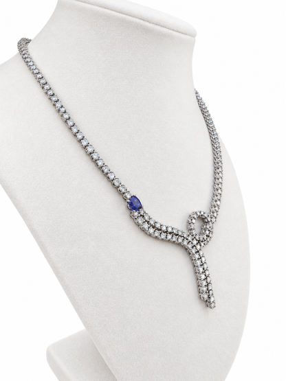 18K White Gold Diamond & Tanzanite Necklace — 11.75 CT Diamonds with Asymmetric Loop & Double Drop