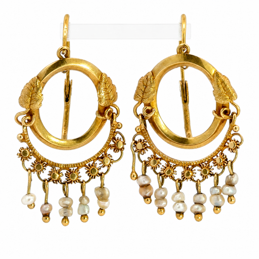 Antique 18K Yellow Gold Seed Pearl Fringe Hoop Earrings