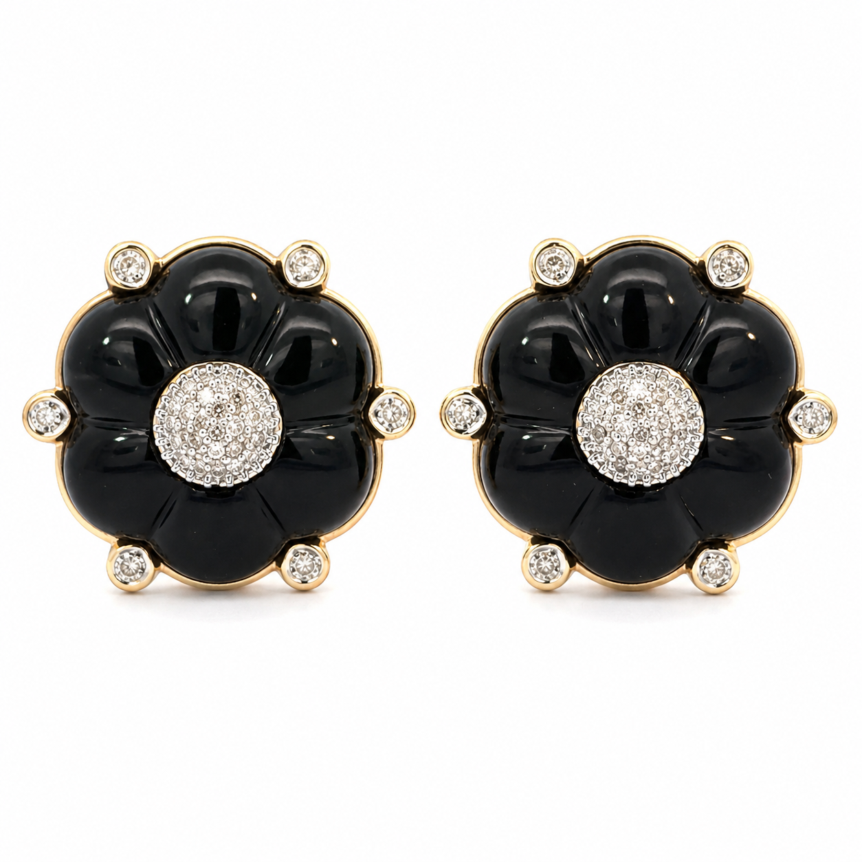 Vintage 14K Yellow Gold Onyx & Diamond Flower Earrings