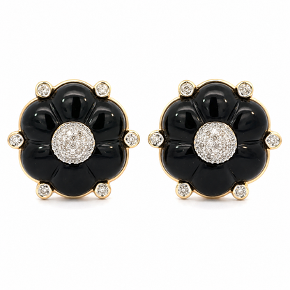 Vintage 14K Yellow Gold Onyx & Diamond Flower Earrings