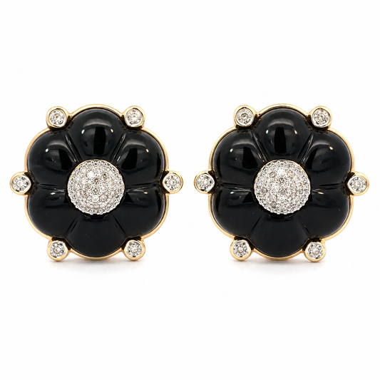 Vintage 14K Yellow Gold Onyx & Diamond Flower Earrings