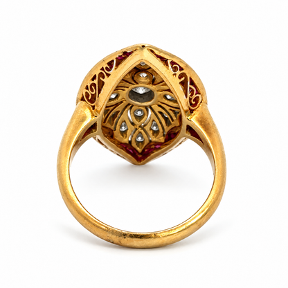 Vintage Art Deco–Style 14K Yellow Gold Ruby & Diamond Navette Ring
