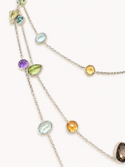 Long 14K White Gold Multicolor Gemstone Station Necklace, 49 Inch Layering Necklace