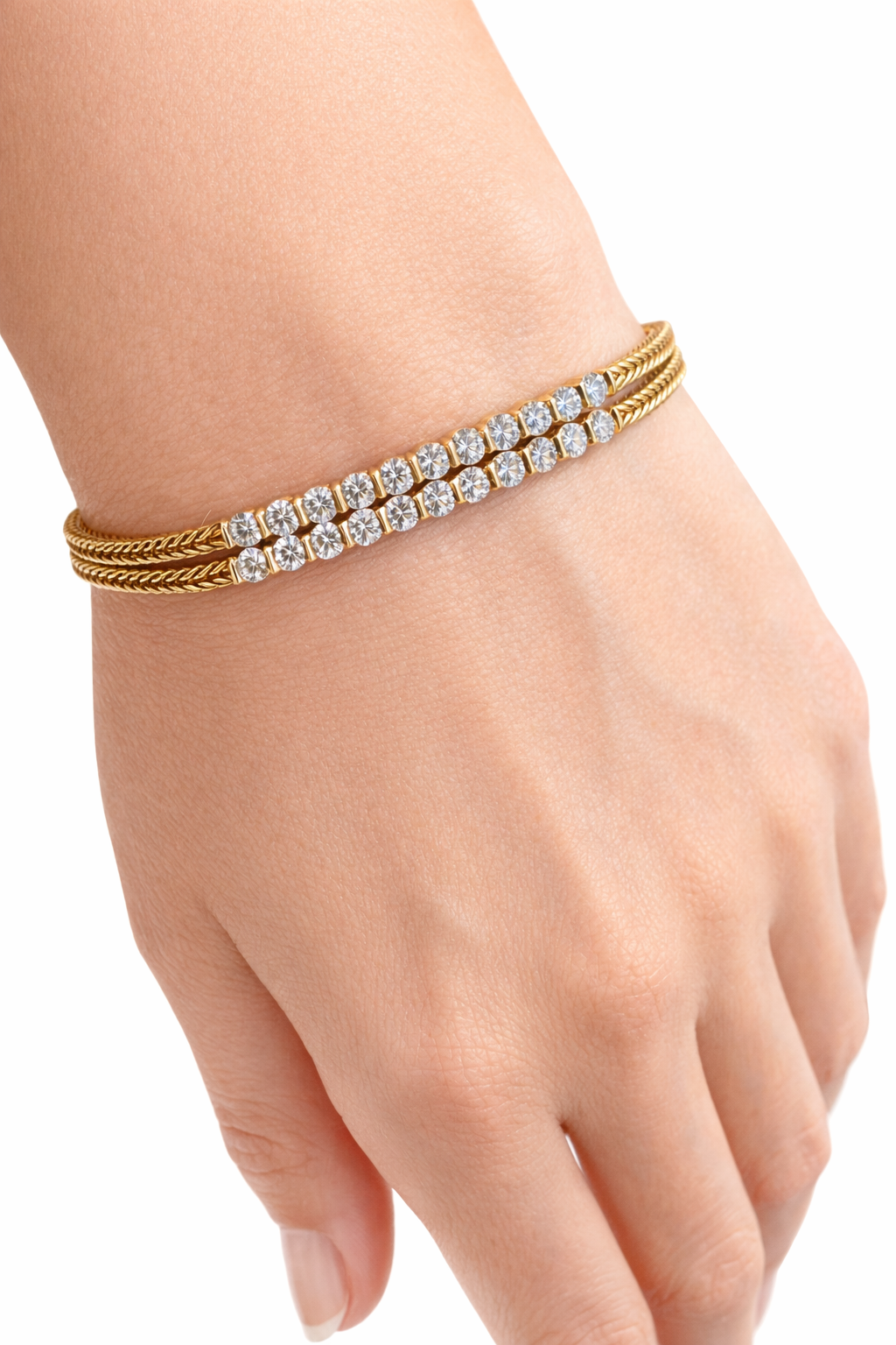 Vintage 1950s 18K Yellow Gold Diamond Double Woven Mesh Bracelet