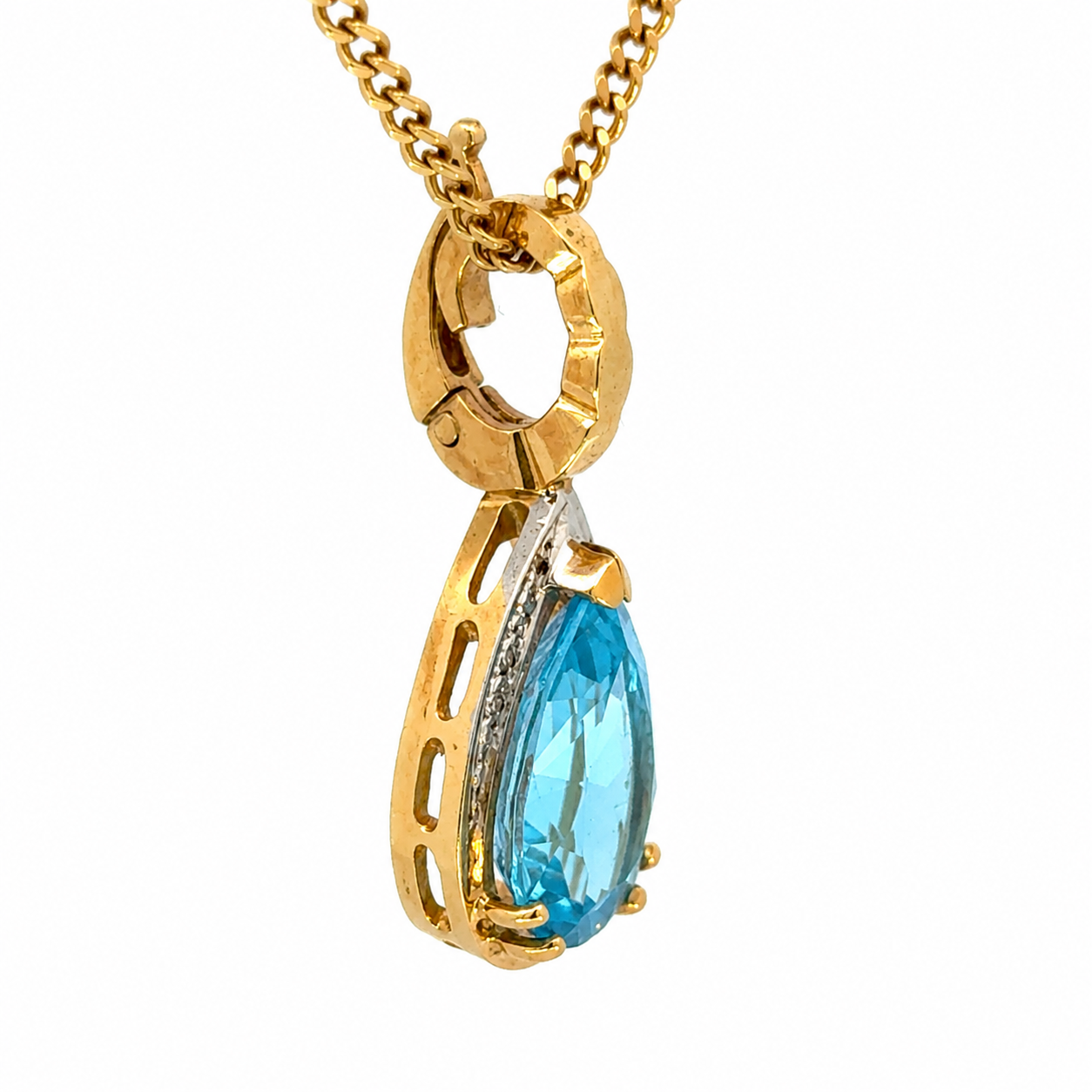 14K Gold Blue Topaz Pear Pendant with Diamond Accents Enhancer