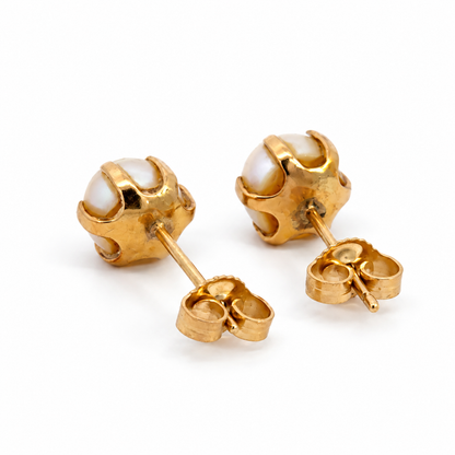 Yellow Gold 7mm Pearl Six-Prong Post Earrings