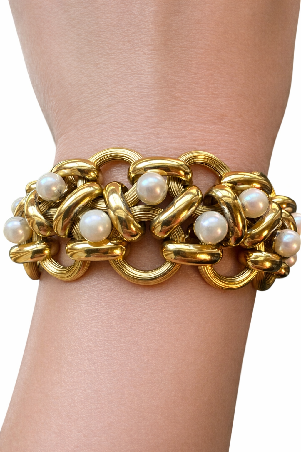 Sculptural 18K Gold & Pearl Bracelet – Mid-Century Design