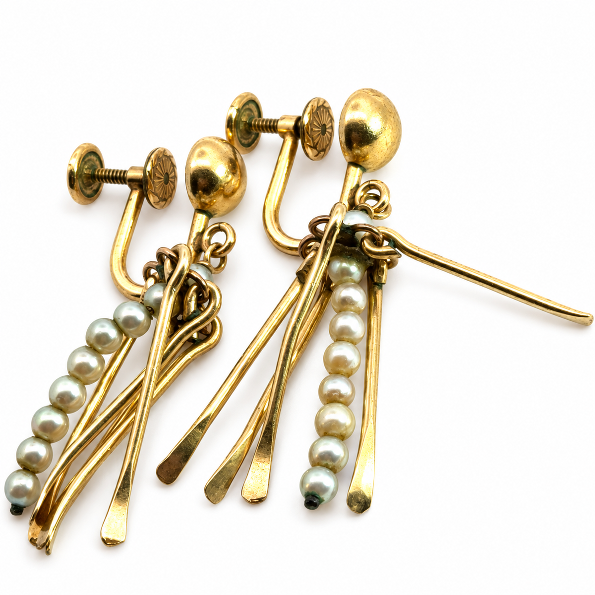 Vintage 1/20 12K Gold-Filled Seed Pearl Tassel Screw-Back Earrings
