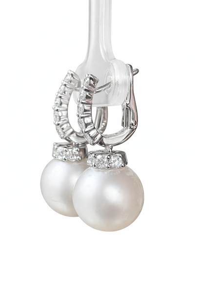 18K White Gold Diamond & Pearl Drop Earrings