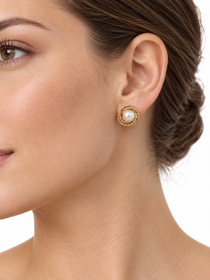 14K Yellow Gold Pearl Textured Love Knot Stud Earrings