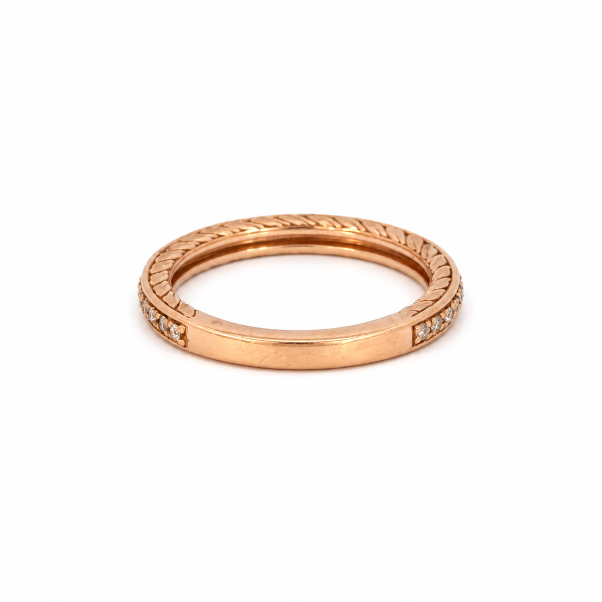 14K Rose Gold Diamond Band with Engraved Leaf Detail