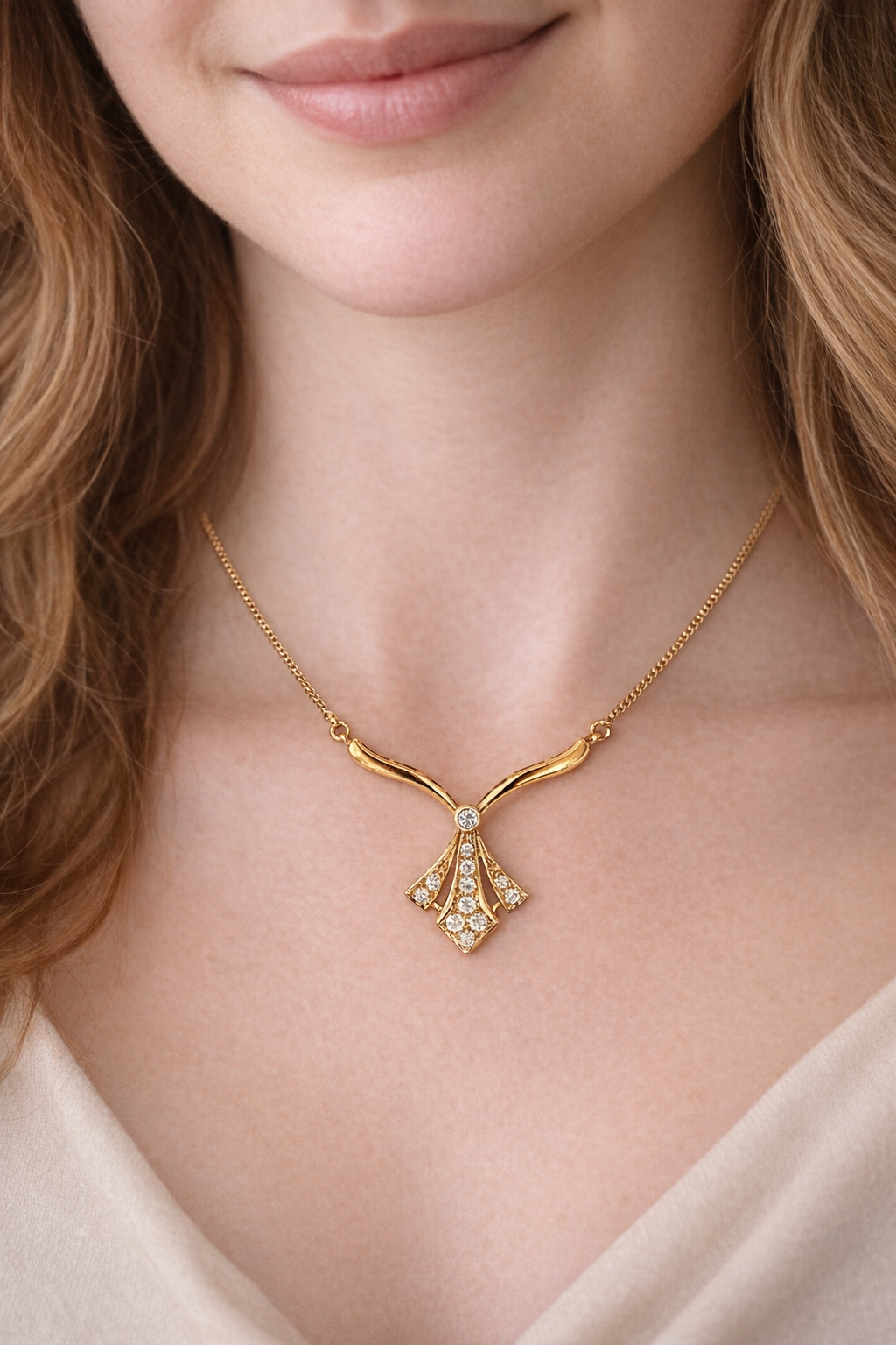 14K Yellow Gold Diamond Necklace with Fan Style Diamond Drop