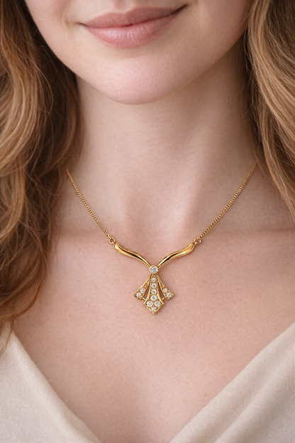 14K Yellow Gold Diamond Necklace with Fan Style Diamond Drop