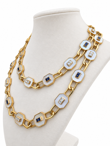 14K Yellow Gold Mother-of-Pearl, Diamond & Sapphire Convertible Necklace — Long Strand, Double Strand or Two Separate Necklaces