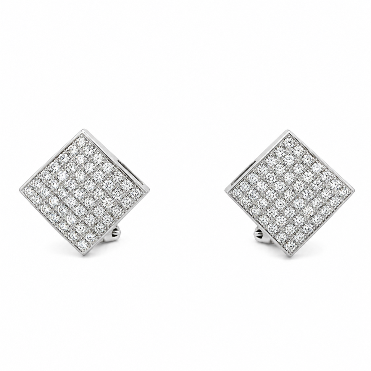 14K White Gold Diamond Square Cluster Earrings