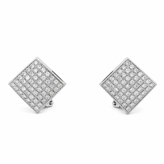 14K White Gold Diamond Square Cluster Earrings