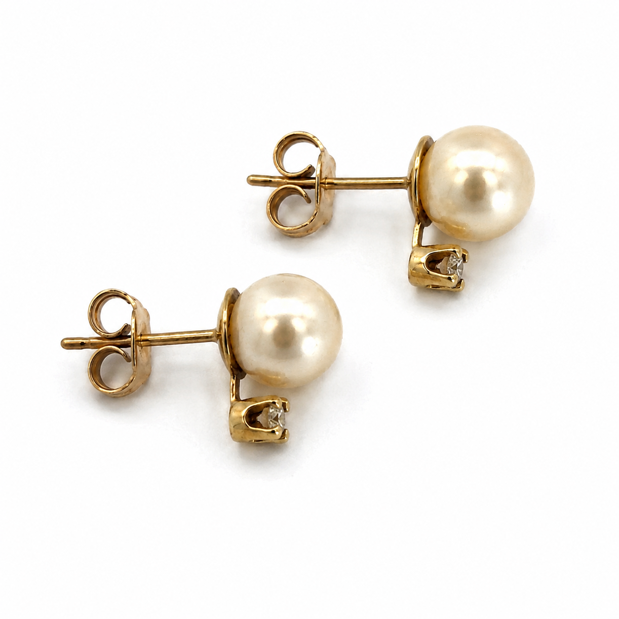 Estate 14K Gold Cream Pearl Diamond Stud Earrings