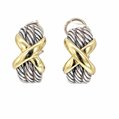 David Yurman Two-Tone Cable X Hoop Earrings in Sterling Silver & 14K Gold