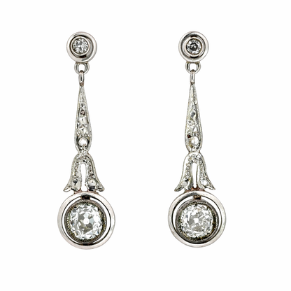 1920s Antique Platinum Diamond Dangle Earrings with Old Mine Cut Diamonds