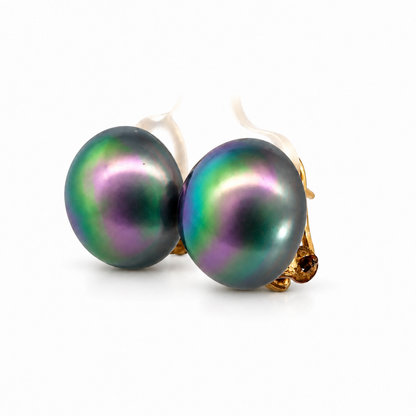 Vintage 925 Yellow Gold-Finished Sterling Silver Black Pearl French Clip Earrings