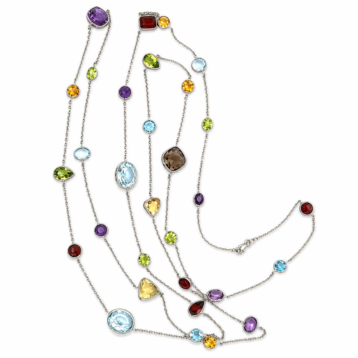 Long 14K White Gold Multicolor Gemstone Station Necklace, 49 Inch Layering Necklace