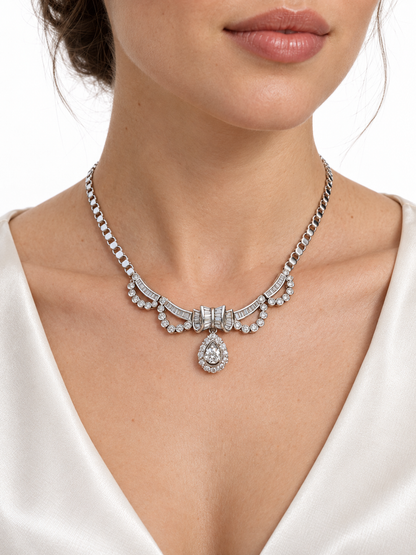 18K White Gold Diamond Swag Necklace with Teardrop Dangle — Approx. 4.84 CT, 16 Inches