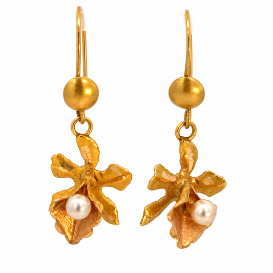 Yellow Gold Flower & Pearl Drop Earrings