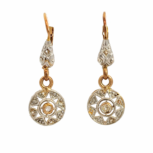 Antique 18K Two-Tone Gold & Diamond Filigree Drop Earrings