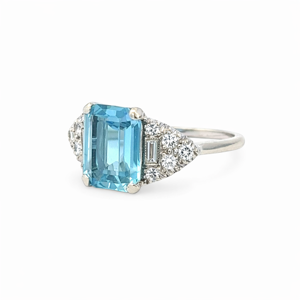 Elegant Aquamarine and Diamond Ring in 14K White Gold, Emerald Cut Center