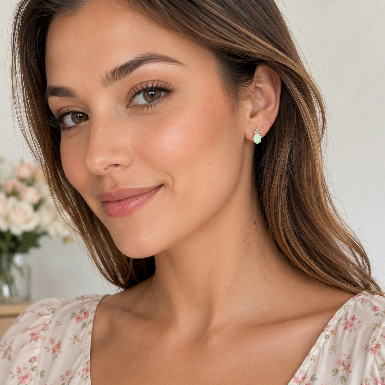 14K Yellow Gold Opal & Diamond Stud Earrings