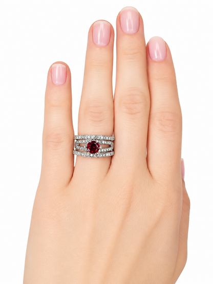18K White Gold Garnet & Diamond Multi-Band Statement Ring