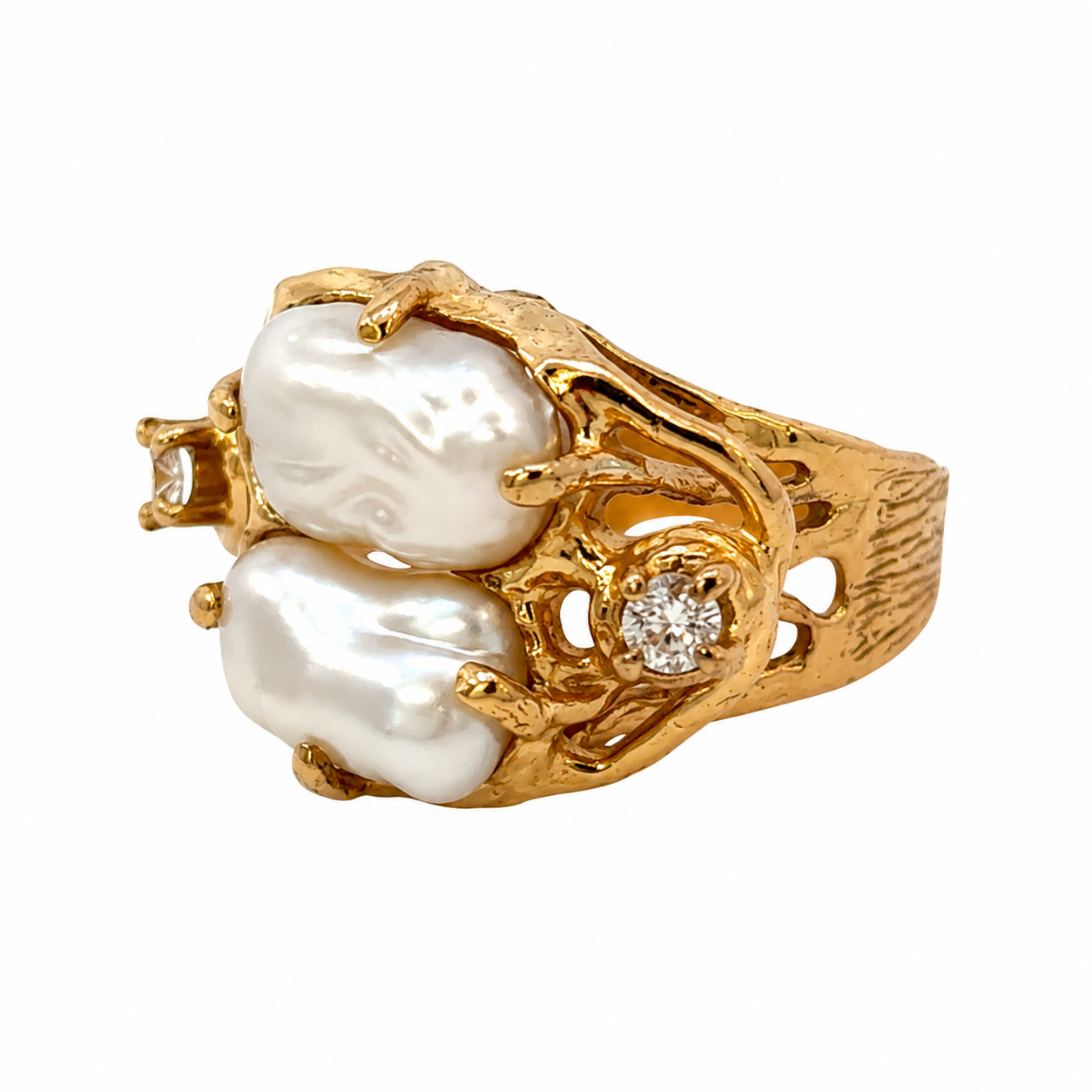 Vintage 1970s 14K Yellow Gold Natural Pearl & Diamond Artistic Statement Ring