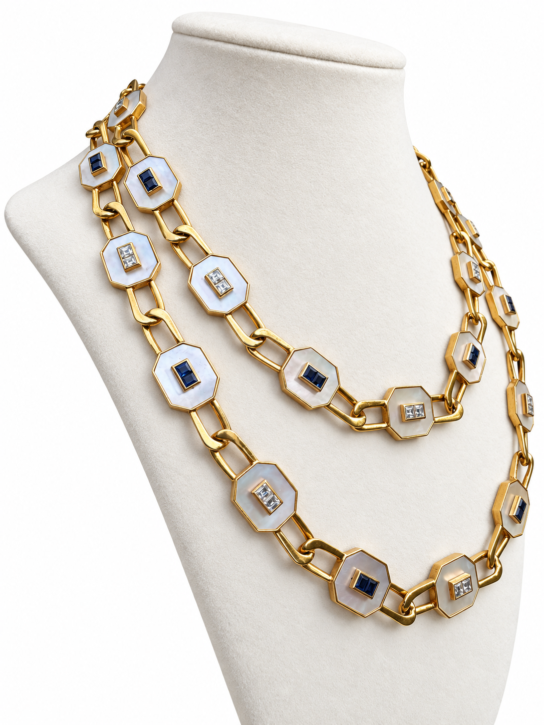 14K Yellow Gold Mother-of-Pearl, Diamond & Sapphire Convertible Necklace — Long Strand, Double Strand or Two Separate Necklaces