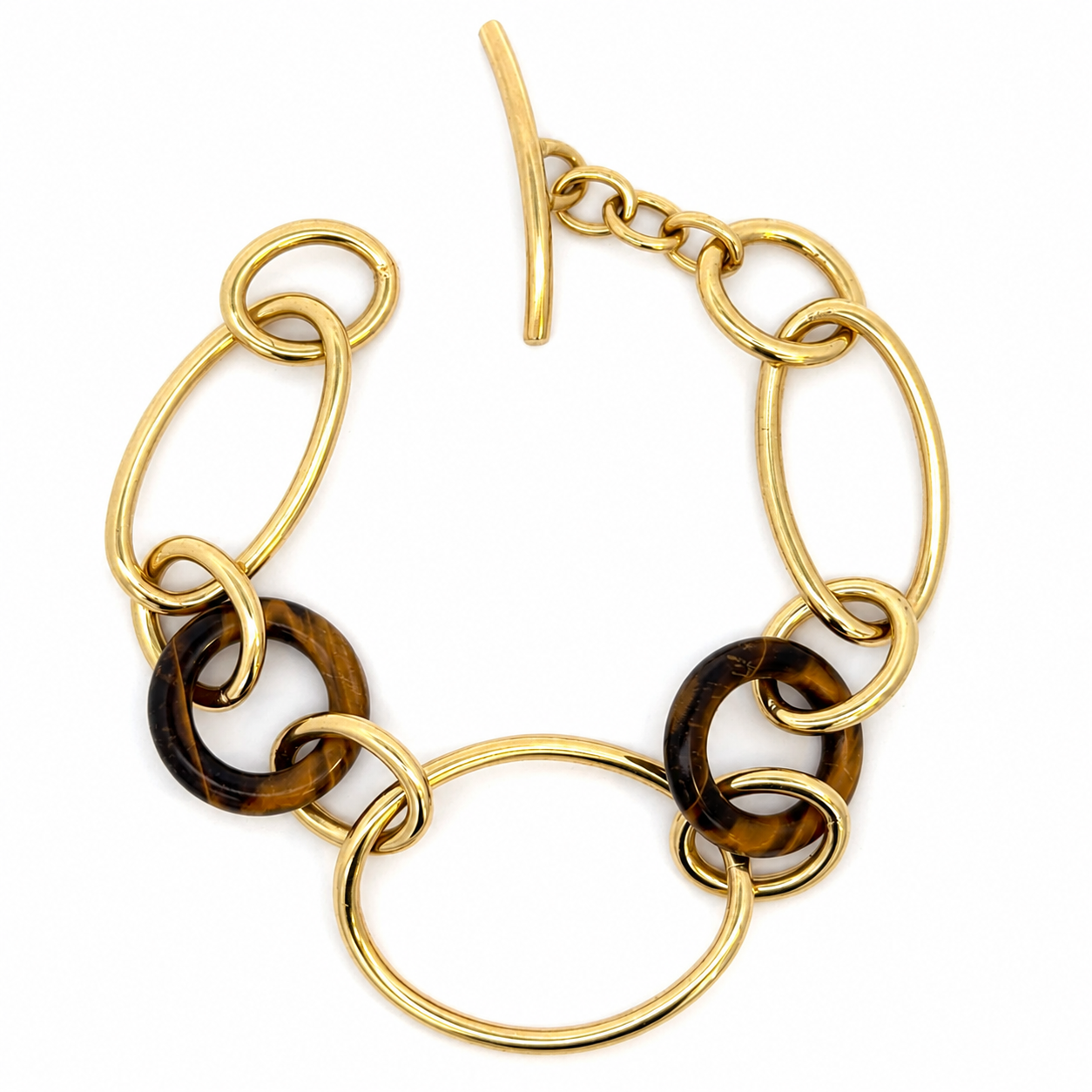 Vintage 18K Yellow Gold & Tiger’s Eye Mixed-Link Toggle Bracelet