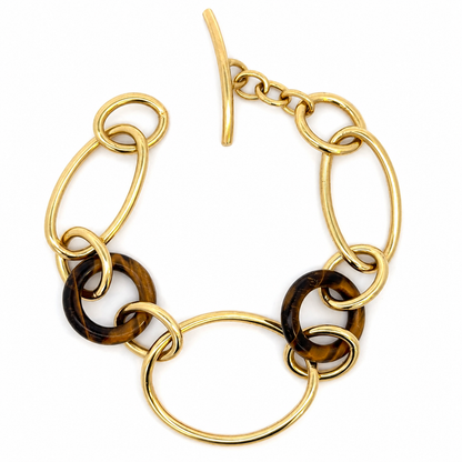 Vintage 18K Yellow Gold & Tiger’s Eye Mixed-Link Toggle Bracelet