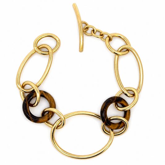 Vintage 18K Yellow Gold & Tiger’s Eye Mixed-Link Toggle Bracelet