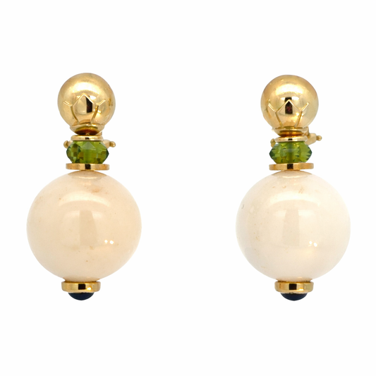 Vintage White Agate Bead Earrings with Green Tourmaline and Sapphire
