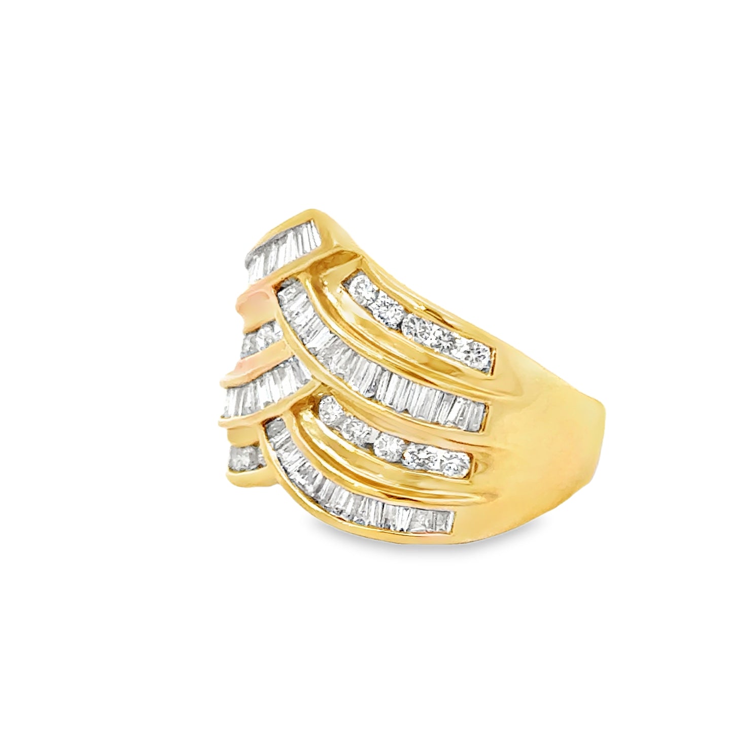 14K Yellow Gold Baguette & Round Diamond Chevron Ring