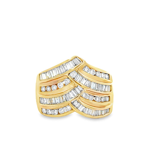 14K Yellow Gold Baguette & Round Diamond Chevron Ring