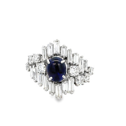 Platinum Sapphire Cabochon Statement Ring with Baguette & Round Diamonds
