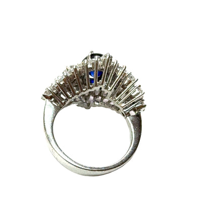 Platinum Sapphire Cabochon Statement Ring with Baguette & Round Diamonds