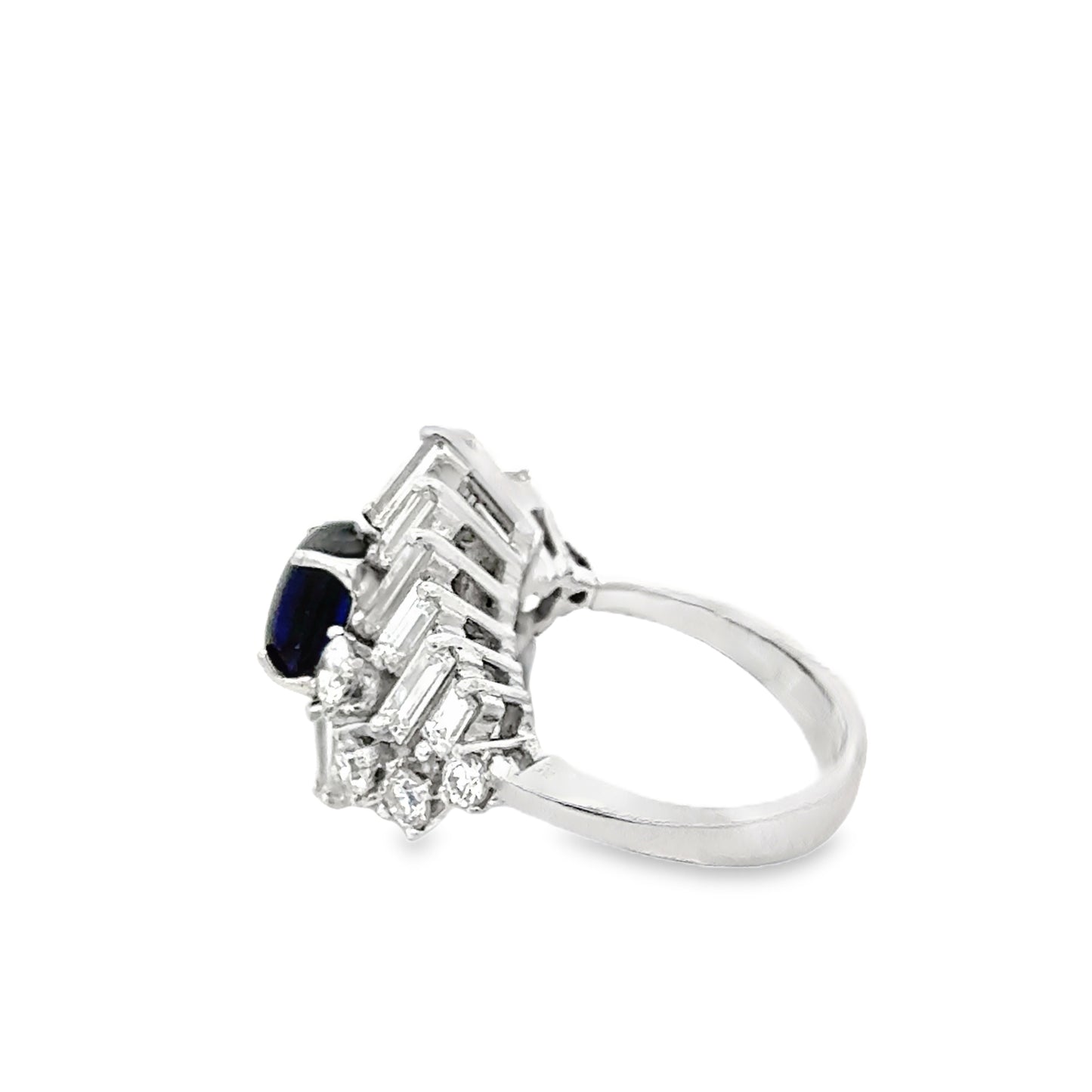 Platinum Sapphire Cabochon Statement Ring with Baguette & Round Diamonds