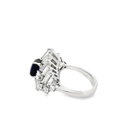 Platinum Sapphire Cabochon Statement Ring with Baguette & Round Diamonds